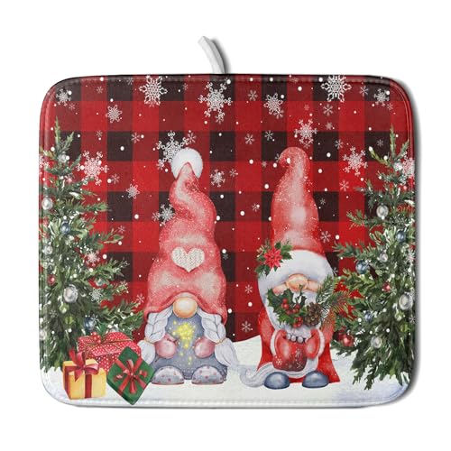 Winter Gnome Dish Drying Mat 16x18 inch Christmas Elf Trees Snowflakes Dish Drainer Mats Black Red Buffalo Plaids Fast Drying Absorbent Dish Drying Pad for Kitchen Countertop Holiday Decor