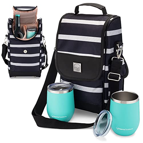 Savvy Outdoors Insulated Wine Tote Bag with Stemless Glasses & Exterior Pouch