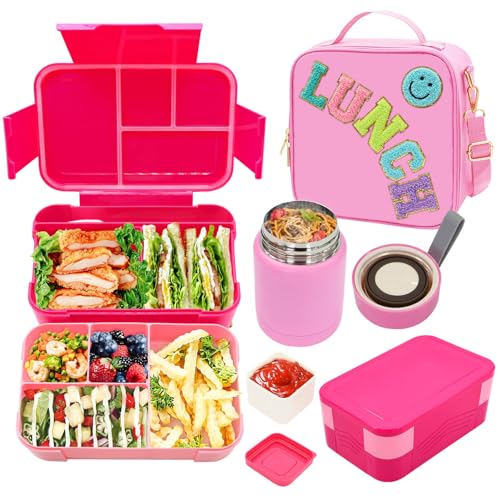 Pink Lunch Box for Girl with 10oz Thermo 6 Compartment Bento Set