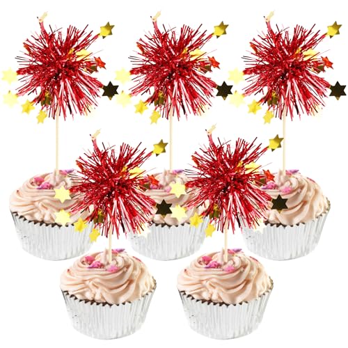 30 PCS Foil Firework Cupcake Toppers Happy Birthday Star Cupcake Picks Sparkle Tinsel Drink Stirrers Cocktail Fruit Toothpicks for Valentine's Day Wedding Birthday Party Decorations Supplies Red (30 Count)