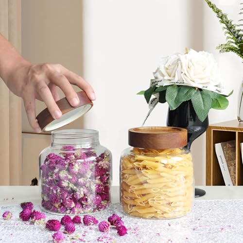 40 oz Glass Jars with Wooden Airtight Lid Herb Spice Canister Round Clear Glass Food Storage Container for Pantry Sugar Tea Coffee Bean Spice Cookies Bath Salts