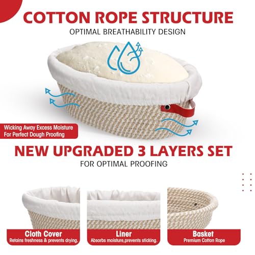 6 Set Cotton Rope Banneton Bread Proofing Basket with Cloth Liner and Plastic Scraper Banneton Dough Sourdough Proofing Bowls Kit for Home Sourdough Bakers (6 Count)