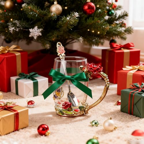 Handicraft Crystal Glass 3D Flower Cups Tea Mug With Tea Spoon Women Coffee