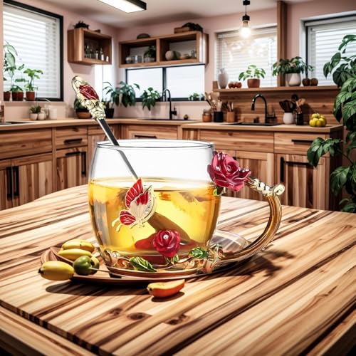 Tea Cup Gifts for Mom Women Mothers Day Glass Coffee Enamels Mug Birthday Butterfly Rose Valentines Day Christmas Tea Cup with Spoon