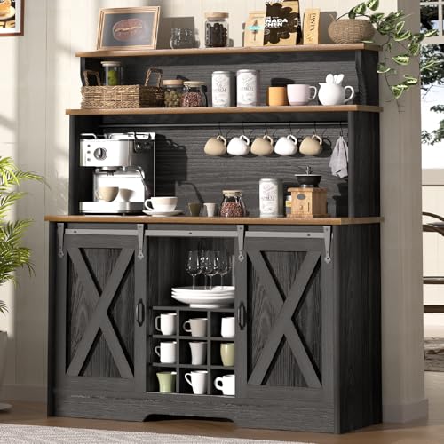 Farmhouse Coffee Bar Cabinet with 3 Tier Storage Hutch