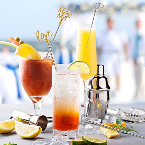4Pcs Cocktail Stirrers Swizzle Sticks Stainless Steel 7.3" Coffee Stir Sticks with Gold Mr & Mrs