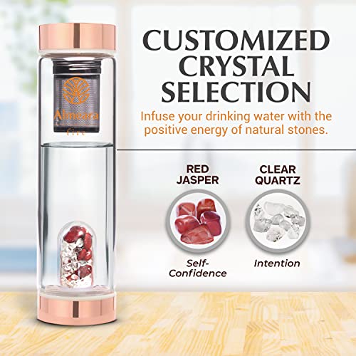 Crystal Water Bottle with Authentic Red Jasper Stones & Clear Quartz Removable Gemstones