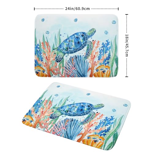 Sea Turtle Dish Drying Mat 18x24in Watercolor Blue Tortoise Dish Drainer Mats Nautical Ocean Coral Seashell Seaweed Microfiber Dish Drying Pad for Kitchen Countertop Large Decor