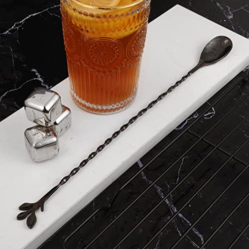 Black 12 Inch Stainless Steel Cocktail Spoon with Leaf Handle