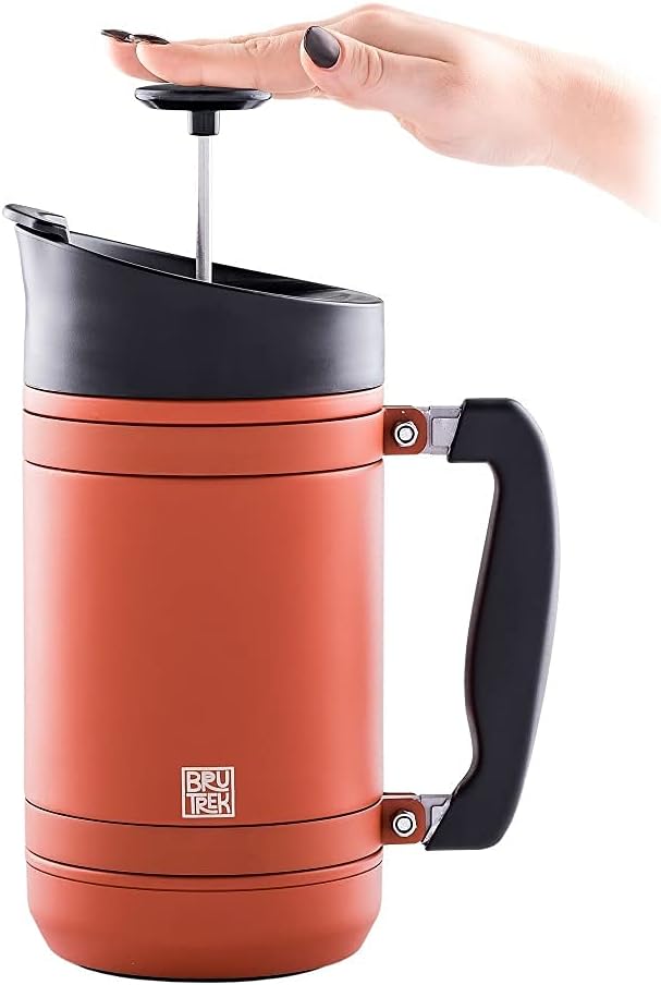 BaseCamp Coffee Press - Double Wall Insulated Stainless Steel - Bru-Stop Technology, No Grounds in Coffee, No Spill Lid (Red Rock, 32 fl.oz) - Blissbrew