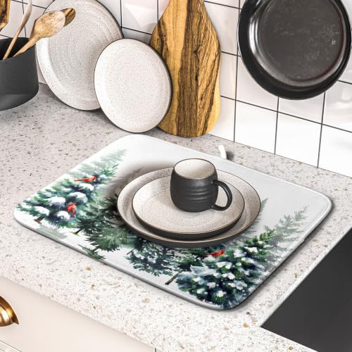 Green Pine Tree Forest Dish Drying Mat for Kitchen Counter