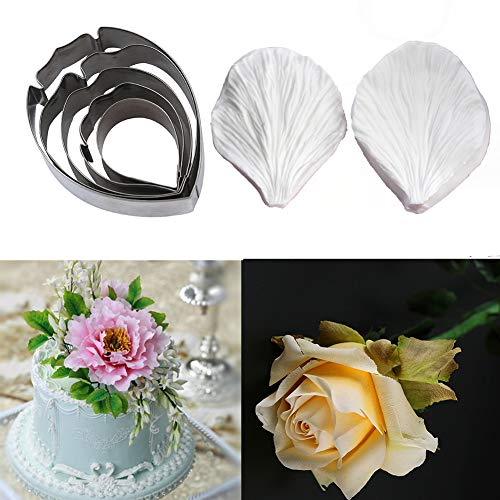 5pcs Stainless Steel Peony Cutter 2pcs Fondant Silicone Mold Gumpaste Peony Sugarcraft Flower Veining Mold Veiner Petal Making Tool