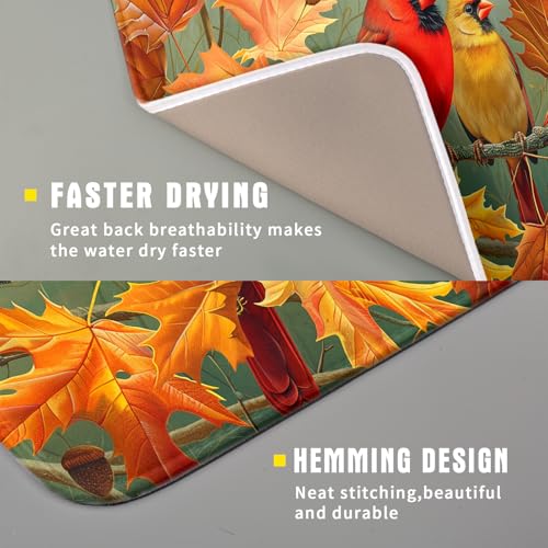 Fall Birds Dish Drying Mat 16x18 Inch Autumn Maple Leaf Tree Dish Drainer Mats Thanksgiving Decorative Microfiber Reversible Dish Drying Rack Pad Small for Kitchen Countertop Tabletop