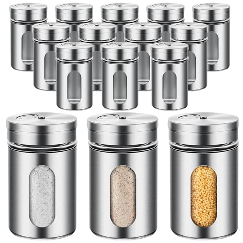 12 Pcs Salt and Pepper Shakers Stainless Steel Spice Shakers with Adjustable Pour Holes and Glass Window 3.4oz Salt Dispenser Spice Jars with Rotating Lids for Sugar Seasoning Home (12 Count)