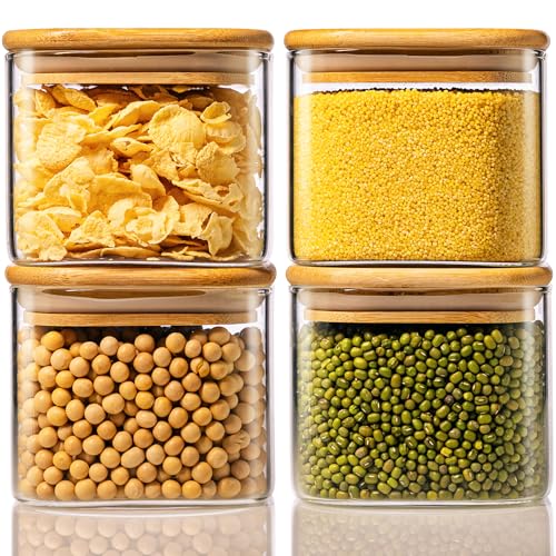 21 oz Square Glass Food Storage Containers with Airtight Bamboo Lids (4 Count)