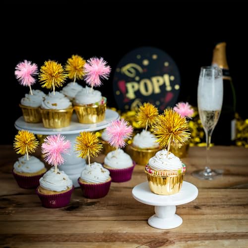 30Pcs Foil Firework Cupcake Toppers Sparkle Tinsel Cake Toppers Tinsel Drink Cake Decoration Cocktail Picks for Birthday Wedding Graduation Party Supplies Gold Pink (30 Count)