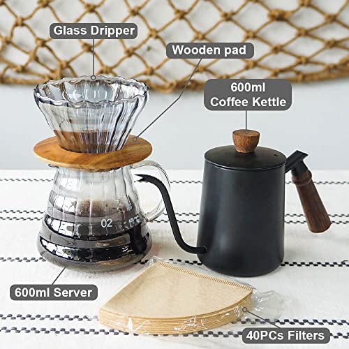 Pour Over Coffee Maker Set with Black Gooseneck Kettle Wooden Storage Tray Coffee Dripper Glass Server Coffee Scoop DIY Manual Coffee Maker Set