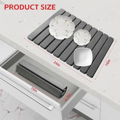 Stone Drying Mat For Kitchen Counter 24"x16" Foldable Super Absorbent Non