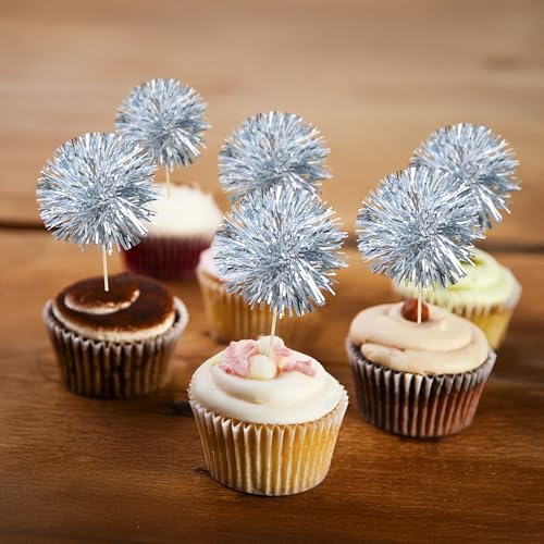 30Pcs Foil Firework Cupcake Toppers Sparkle Tinsel Cake Toppers Tinsel Drink Cake Decoration Cocktail Picks for Birthday Wedding Graduation Party Supplies Dark Silver (30 Count)