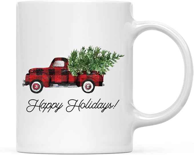 Andaz Press Christmas Winter Holiday 11oz. Coffee Mug, Happy Holidays, Vintage Red Truck, 1-Pack, Cozy Christmas Hot Chocolate Cup Ideas for Him Her Coworker…