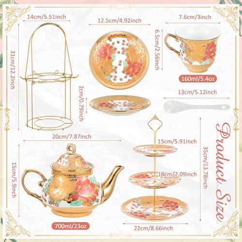 21 Pcs Porcelain Tea Set for Women Tea Party with Metal Holder and 3 Tier Cake Stand Ceramic European Floral Teapot Set for Adults Mother's Day Christmas Thoughtful Gift