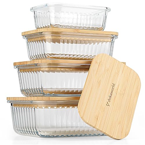 Ribbed Glass 4 Stackable Meal Prep Containers with Bamboo Lids