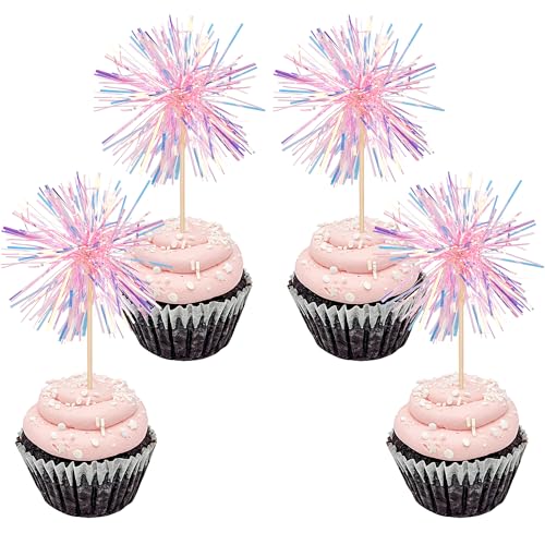 30 PCS Foil Firework Cupcake Toppers Happy Birthday Cupcake Toppers Sparkle Tinsel Flower Drink Stirrers Cocktail Fruit Toothpicks for Valentine's Day Baby Shower Party Cake Decor Supplies Pink (30 Count)