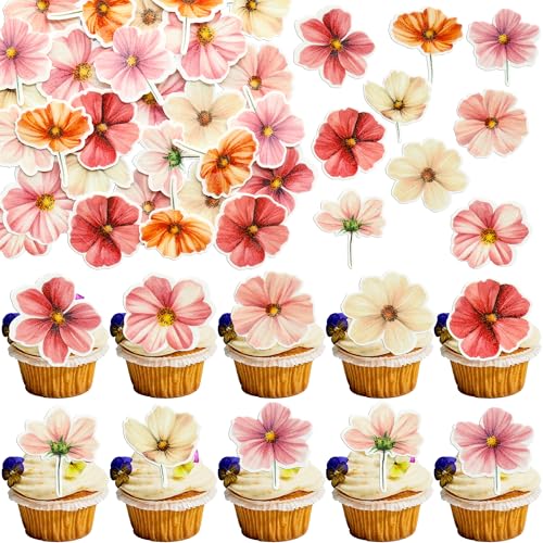50Pcs Edible Flower Cupcake Toppers Wafer Paper Spring Bridal Engagement Baby Shower Birthday Party Cupcake Picks Anniversary Party Decorations Supplies Rose Red (50 Count)
