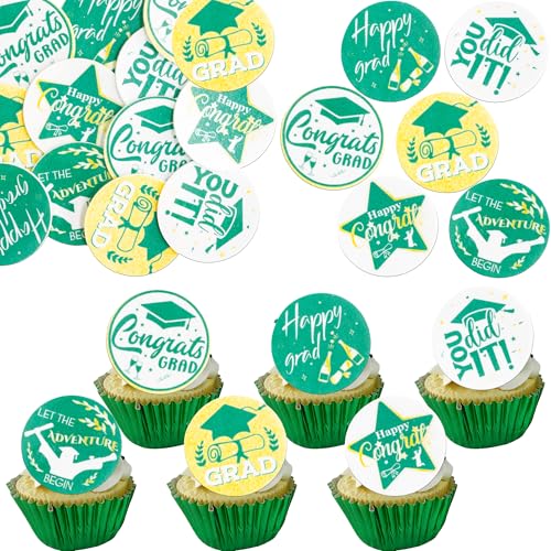 48Pcs 2026 Graduation Cupcake Toppers Wafer Paper Class of 2026 Cake Decorations Edible Congrats Grad Cupcake Picks for 2026 Graduation Theme Party Cake Supplies Green Gold (48 Count)