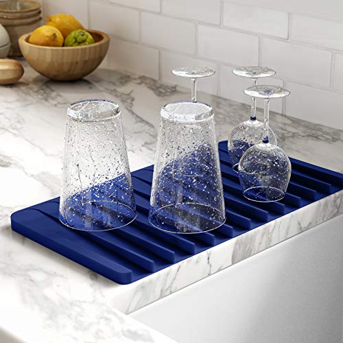 Self Draining Silicone Dish Drying Mat or Trivet for Kitchen Counter in Dark Blue