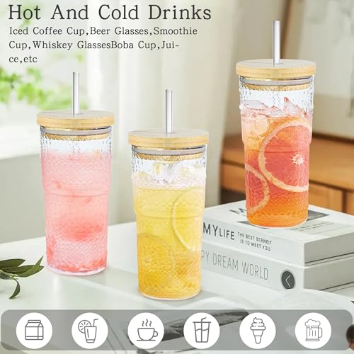 2 Pack 20oz Hobnail Drinking Glasses with Bamboo Lids and Glass Straw (2 Count)