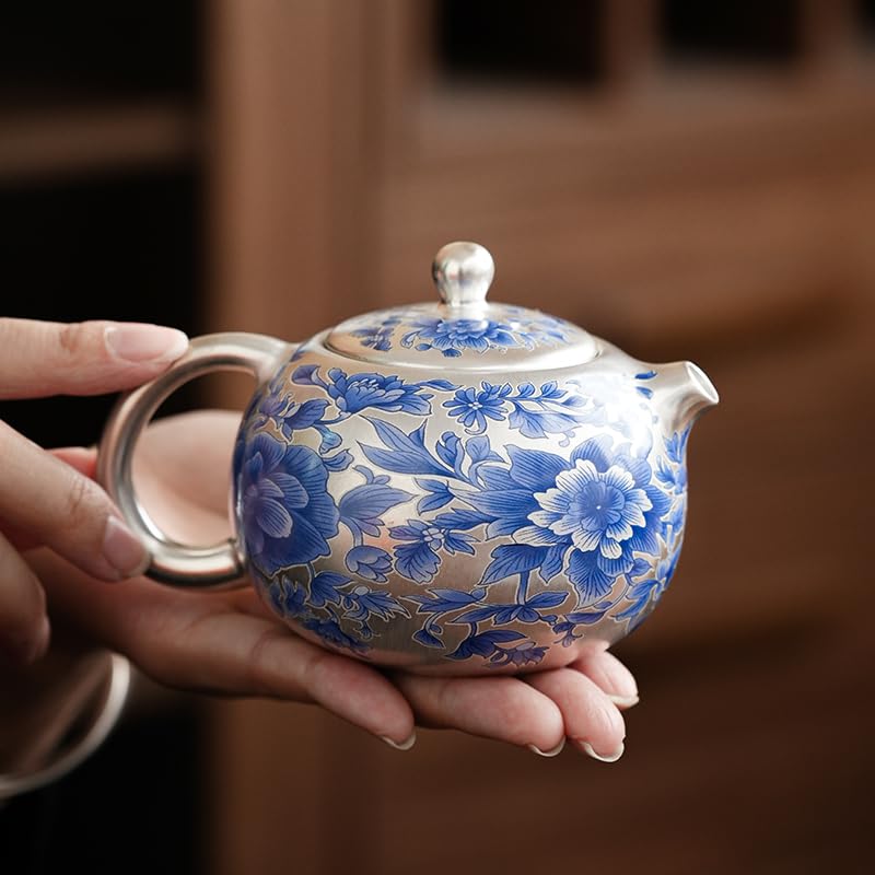 One Silver Plated Teapot with Two Cups and Four Cups Blue