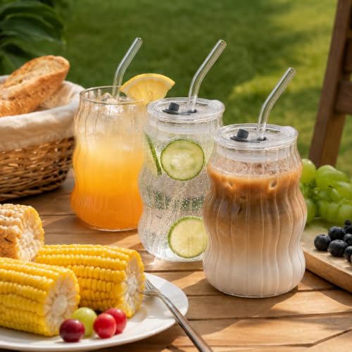 Ribbed Glass Cups with Lids and Straws