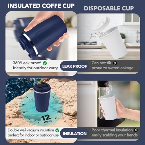 12 oz Double Wall Insulated Vacuum Travel Coffee Mugs with Flip Lid Bulk 2 Pack (2 Count)