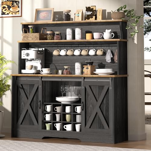 55'' Farmhouse Coffee Bar Cabinet with 3 Tier Storage Hutch