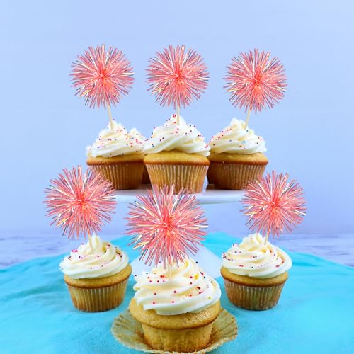 30Pcs Foil Firework Cupcake Toppers Sparkle Tinsel Cupcake Picks Happy Birthday Cake Decorations Drink Stirrers Cocktail Food Fruit Toothpicks for Baby Shower Graduation Party Supplies Orange (30 Count)