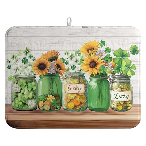St Patricks Day Shamrock Dish Drying Mats St Patrick's Day Spring Dish Mat Sunflowers Drying Matt Dishes Dryer Pad for Kitchen Counter Absorbent Microfiber Washable Foldable Reusable 18x24 in