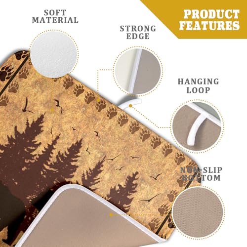 16"x18" Brown Bear Dish Drying Mat Rustic Forest Wildlife Woodland Dish Drainer Mats for Kitchen Countertop Farmhouse Animal Paw Print Fast Dry Microfiber Dish Drying Pad Decoration
