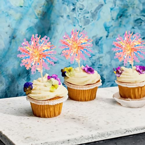 30Pcs Foil Firework Cupcake Toppers Happy Birthday Cake Toppers Tinsel Flower Drink Stirrers Cocktail Food Fruit Toothpicks for Valentine's Day Party Decorations Orange (30 Count)