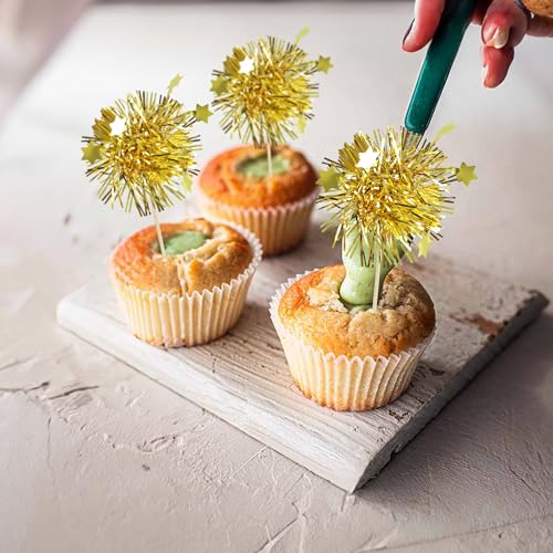 30Pcs Foil Firework Cupcake Toppers Happy Birthday Cake Toppers Tinsel Flower Drink Stirrers Cocktail Food Fruit Toothpicks for Valentine's Day Party Decorations Gold (30 Count)
