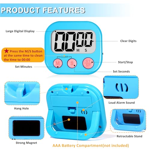 Digital Kitchen Timers for Cooking Kids Blue Pink 6 Pack (6 Count)