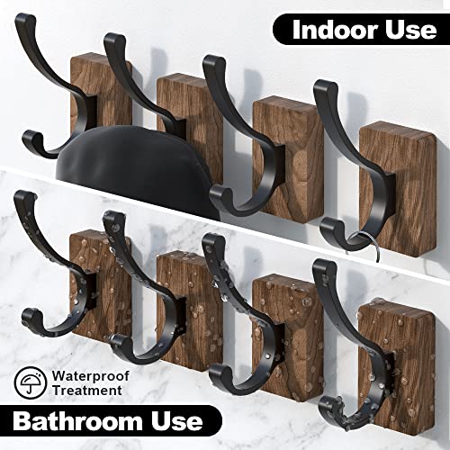4 PCS Black Walnut Wood Wall Hooks Adhesive Mounted & Wall Mounted Rustic Decorative Entryway Hooks Mid Century Modern Natural Wooden Pegs for Hanging Coat Clothes Hat Bag Purse and Towel (4 Count)