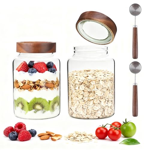 60 oz Glass Coffee Jars with Wooden Airtight Lid Spoon Clear Herb Ground Canister Round Food Storage Container for Sugar Pantry Flours Tea Coffee Bean Spice Cookies
