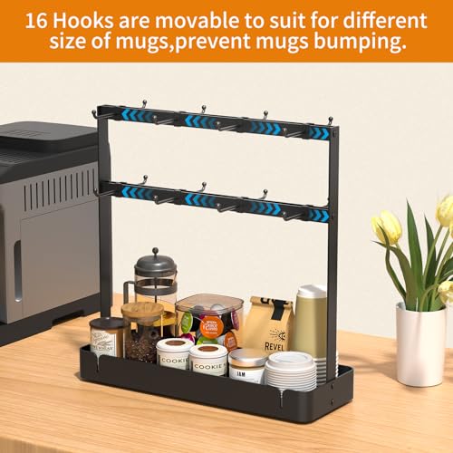 2 Tier Coffee Cup Holder with 16 Movable Hooks & Storage Basket
