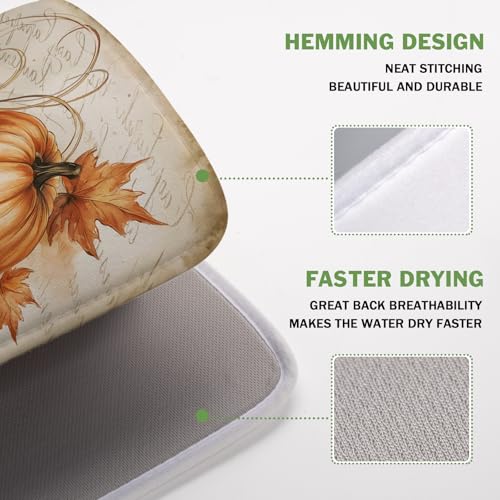 Fall Pumpkin Dish Drying Mat 16X18 Inch Vintage Autumn Drying Mat for Kitchen Counter Absorbent Maple Leaf Fall Thanksgiving Farmhouse Dishes Pad Drainer Mat Countertop Protector for Kitchen Fast Dry