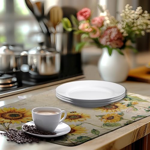 Spring Summer Dish Drying Mat Sunflower Kitchen Dish Drying Pad Absorbent Vintage Drying Mat for Countertops Dish Dryer Mat Microfiber Dishes Drainer Pad Dish Drying Rack Mat