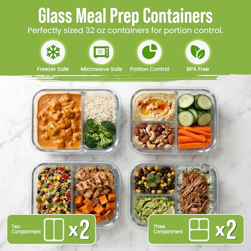 Glass Meal Prep Containers 2 and 3 Compartments (4 Count)