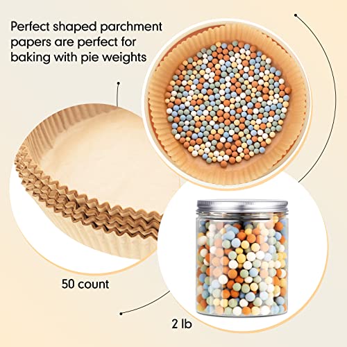 1 Pack 2 lb Multi Color Pie Weights for Baking Crust Reusable Ceramic Blind Baking Beans Stoneware with 50 Pcs Disposable Parchment Paper Pie Liner Fit 8