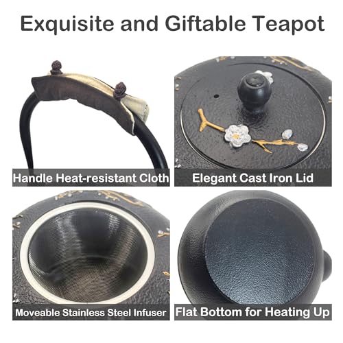 Cast Iron Teapot SECHUDO Teapot for Stovetop Safe Coated with Enameled Interior