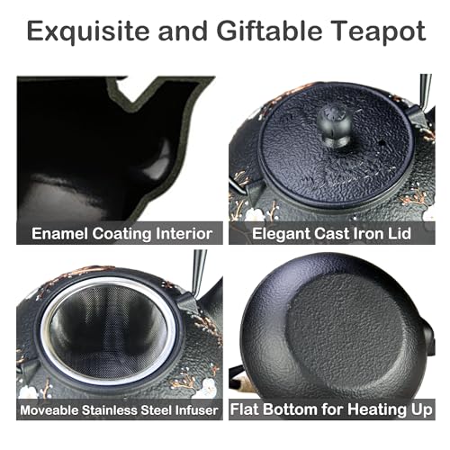 Cast Iron Teapot SECHUDO Teapot for Stovetop Safe Coated with Enameled Interior